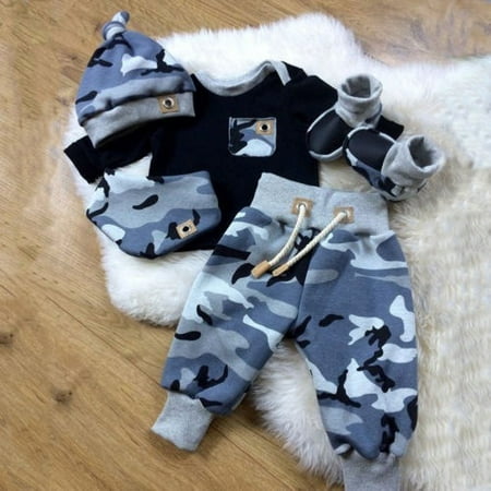 Best 3pcs Newborn Infant Baby Boy Camouflage Clothes Top +Long Pants +Hat