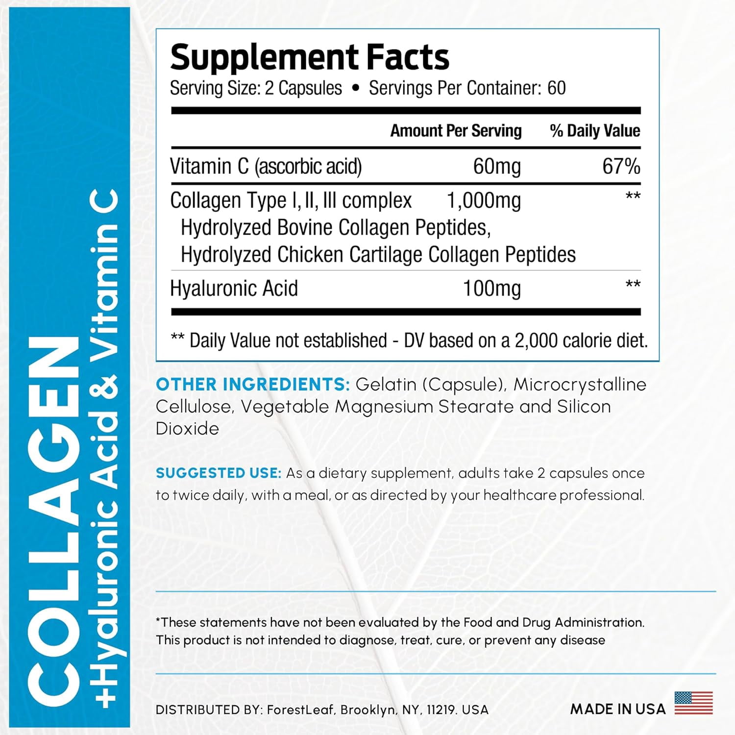 Forest Leaf Collagen Pills Collagen Peptides with Hyaluronic Acid & Vitamin C, 240-Count