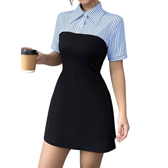 Women'S Striped Short Sleeve Thigh Bodycon Short Dress Business Casual Outfits Blue S