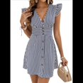 thumbnail image 1 of Vestidos de Verano A Rayas para Mujer, Minivestido Informal con Cuello en V, Mangas Abullonadas, Volantes y Botones. Azul Oscuro S, 1 of 8