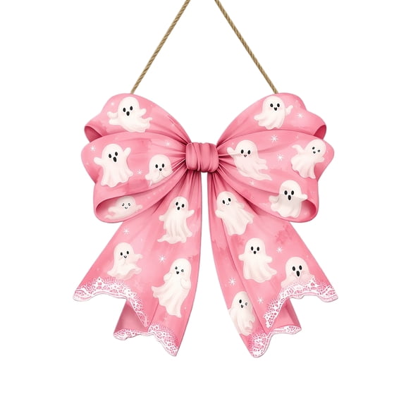 Halloween Ghost Decor Hanging Sign, 12 Inch Soft Pink Printed Wooden Hanger, Cute Hanging Halloween Decoration for Front Door Home Entryway Holiday Display