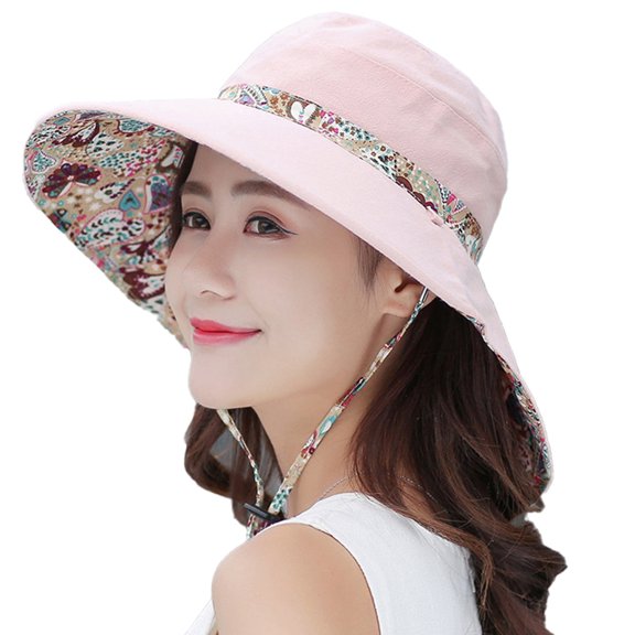Sun Hats for Women Foldable Wide Hat Adjustable UV Protection Fishing Hiking Hat with Windproof Tether - Pink