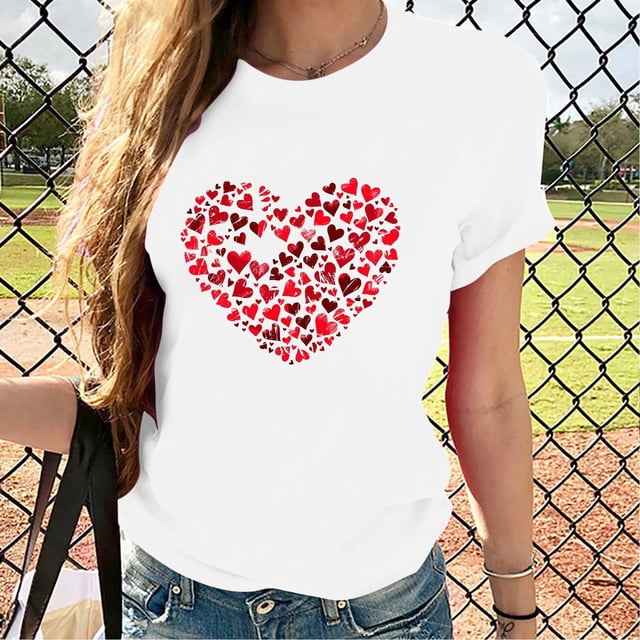 YLHFASHION T-Shirts de la Saint-Valentin pour Femmes 2025 Col Rond Manches Courtes T-Shirts Mode Imprimé Cœur Tee Tops Liquidation T-shirt Manches Courtes pour Femmes