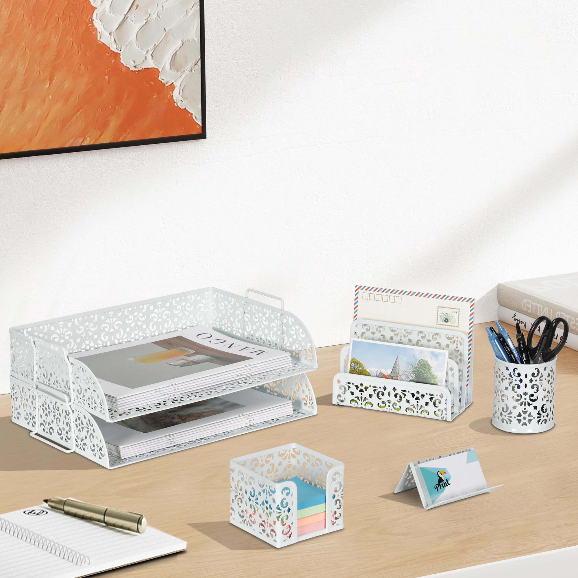 Desk Organizers And Accessories 5 Pieces Office Supplies Set - 2 Tier Paper Tray  Pencil Organizer For Mail Sorter Countertop Business Card Holder Sticky Note White