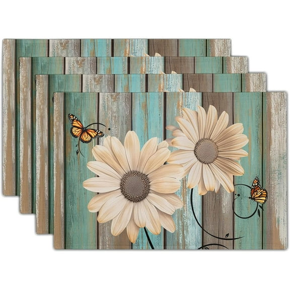 Rustic Daisy Placemats Set of 4- Teal Sunflowers on Vintage Wood Board Linen Place Mat- Farmhouse Wooden Non Slip Heat Resistant Table Mats for Dining Kitchen Cabin Lodge Decor