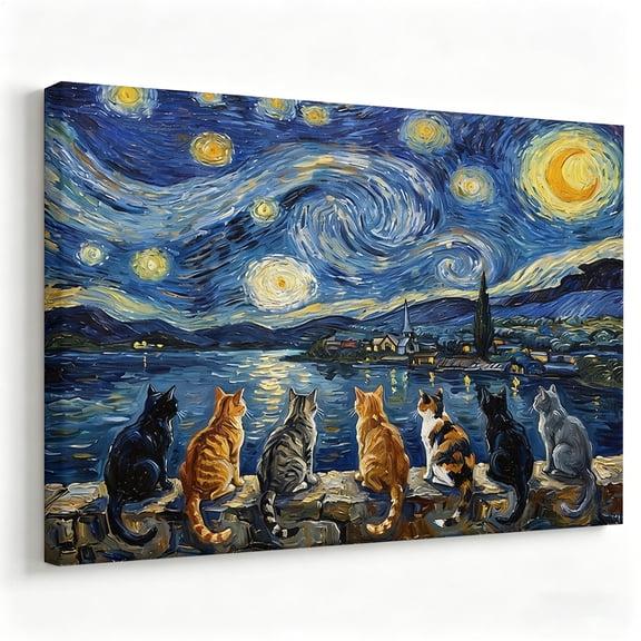 Seven Cats Canvas Wall Art, Swirling Starry Night Lake Artwork for Eclectic Living Room Bedroom Office Decor 8*12