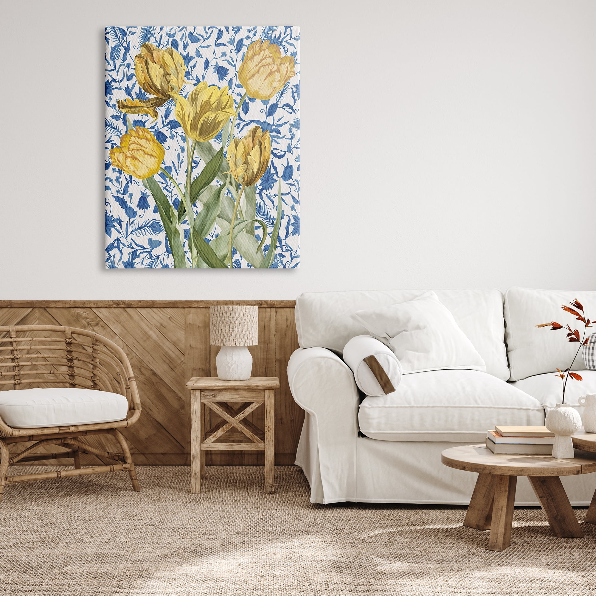 Stupell Industries Tulips on Blue Toile Botanical & Floral Painting Gallery Wrapped Canvas Art Print Wall Art, 36 x 48