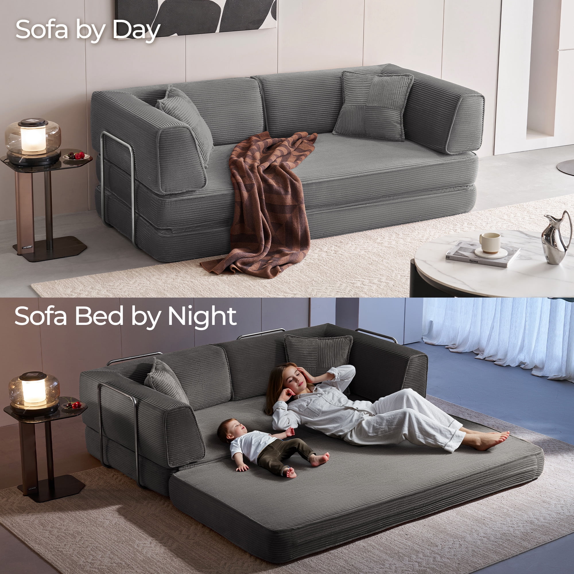 Linsy Home Oversized Corduroy Futon Sofa Bed Couch, Convertible Boneless Cloud Couch Bed, King Size Sleeper Sofa Bed With Fixed-Shape Frame, No Assembly Required, Dark Grey