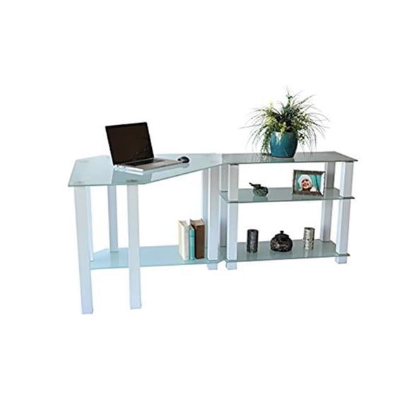 RTA Home & Office CT-01302W Frosted Tempered Glass Gloss White Corner Computer Desk with Right Extention Table