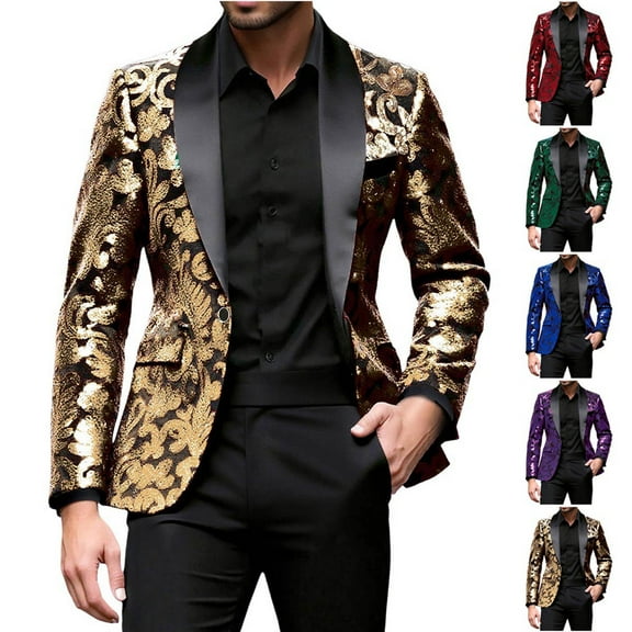 Hinvhai Mens Stylish Dinner Tux Dress Blazer Slim Fit Gold Sequin Suit Jacket Sport Coat Red XL(XL)