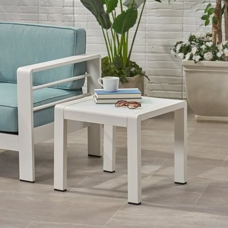 Miller Coral Outdoor Aluminum Side Table with Glass Top  Matte White and White Finish