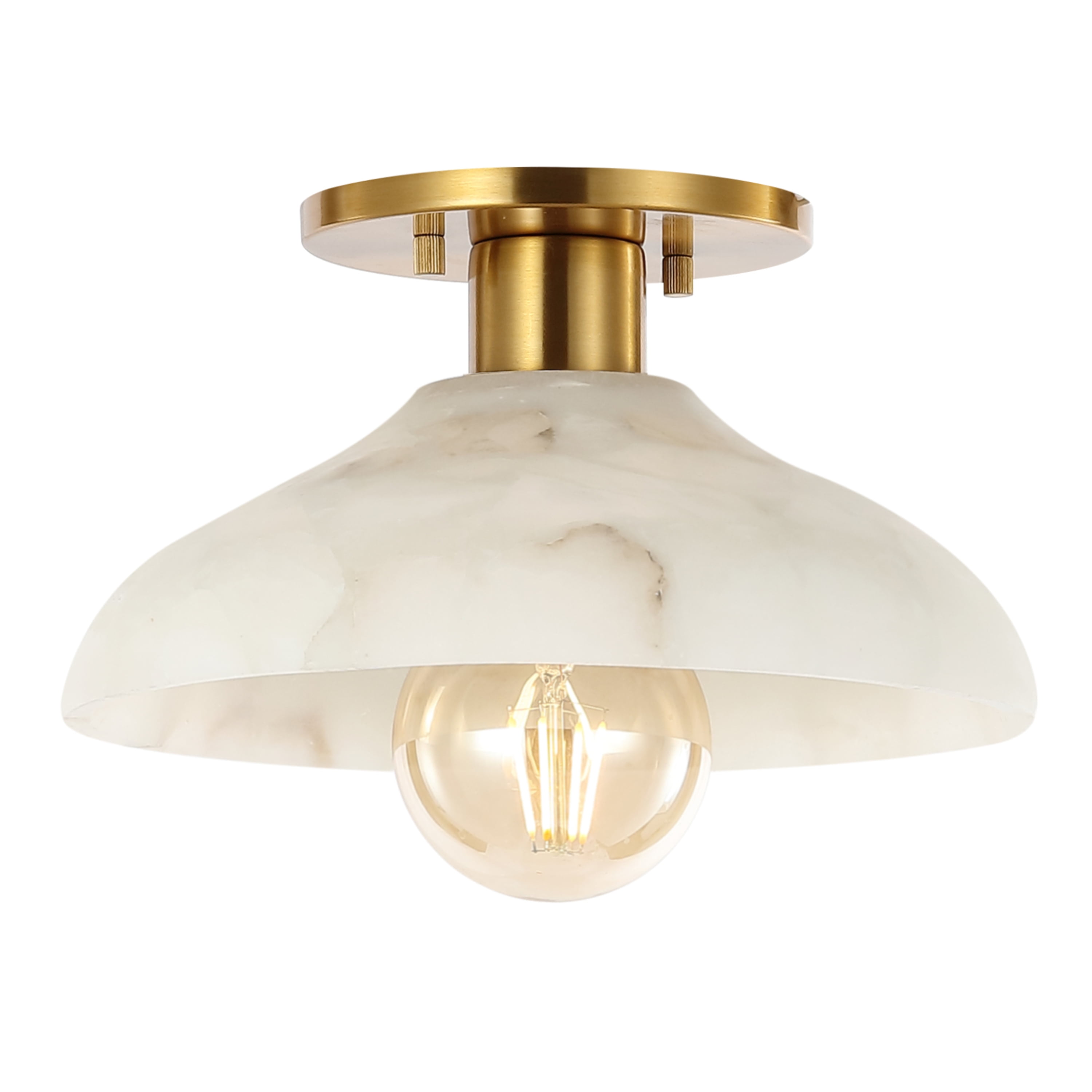 JONATHAN Y Amara 10" 1-Light Mid-Century Classic Alabaster/Iron LED Semi Flush Mount, White/Brass Gold