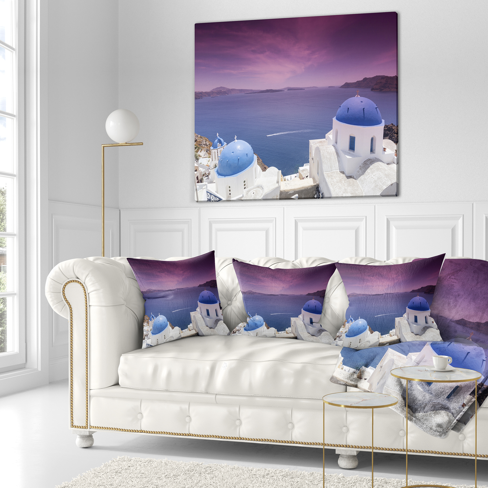 Designart Blue Domed Churches on Caldera - Landscape Printed Throw Pillow - 18x18