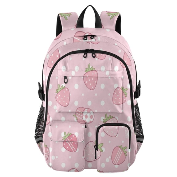 DIXRUYEE Cute Pink Strawberry Fruit Backpack for School 14”Laptop Compatible with Reflective Safety Strips
