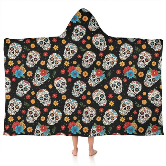 Black Colorful Skull Flower Pattern Hooded Bath Towel,50"x30" for Ages 3 To 12 Kids, Quick Dry Lightweight Soft Microfiber Hood Beach Towel Cover Up for Kids
