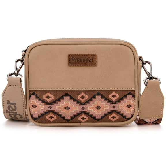 Wrangler Crossbody Bag for Women Aztec Mini Crossover Purse with Guitar Strap, Khaki With Dark Brown