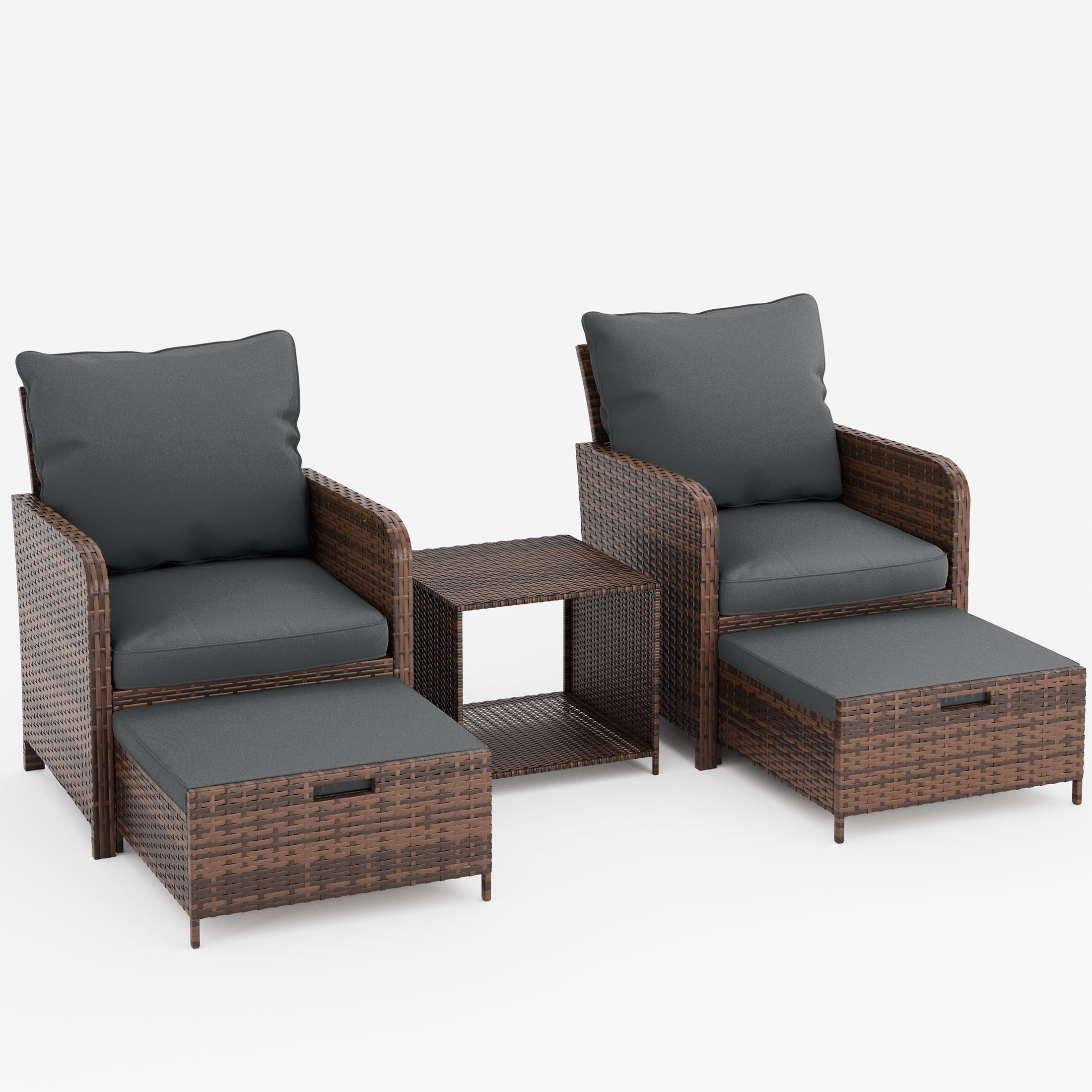 Poteban Balcony Furniture 5 Piece Patio Furniture Set, Outdoor Patio Chair with Ottoman for Front Porch Deck, Wicker Lounge Chair with Side Table, Grey