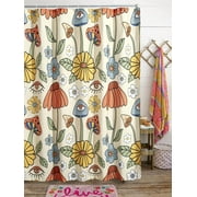 70s Retro Boho Floral Psychedelic Shower Curtain in Yellow Orange, Funky Mushrooms Flowers and Eyes Trippy Hippie Vintage Fabric Shower Curtain Set Cottage-core Abstract Aesthetic Bathroom Decor