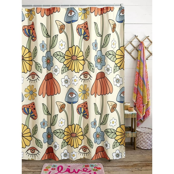 70s Retro Boho Floral Psychedelic Shower Curtain in Yellow Orange, Funky Mushrooms Flowers and Eyes Trippy Hippie Vintage Fabric Shower Curtain Set Cottage-core Abstract Aesthetic Bathroom Decor