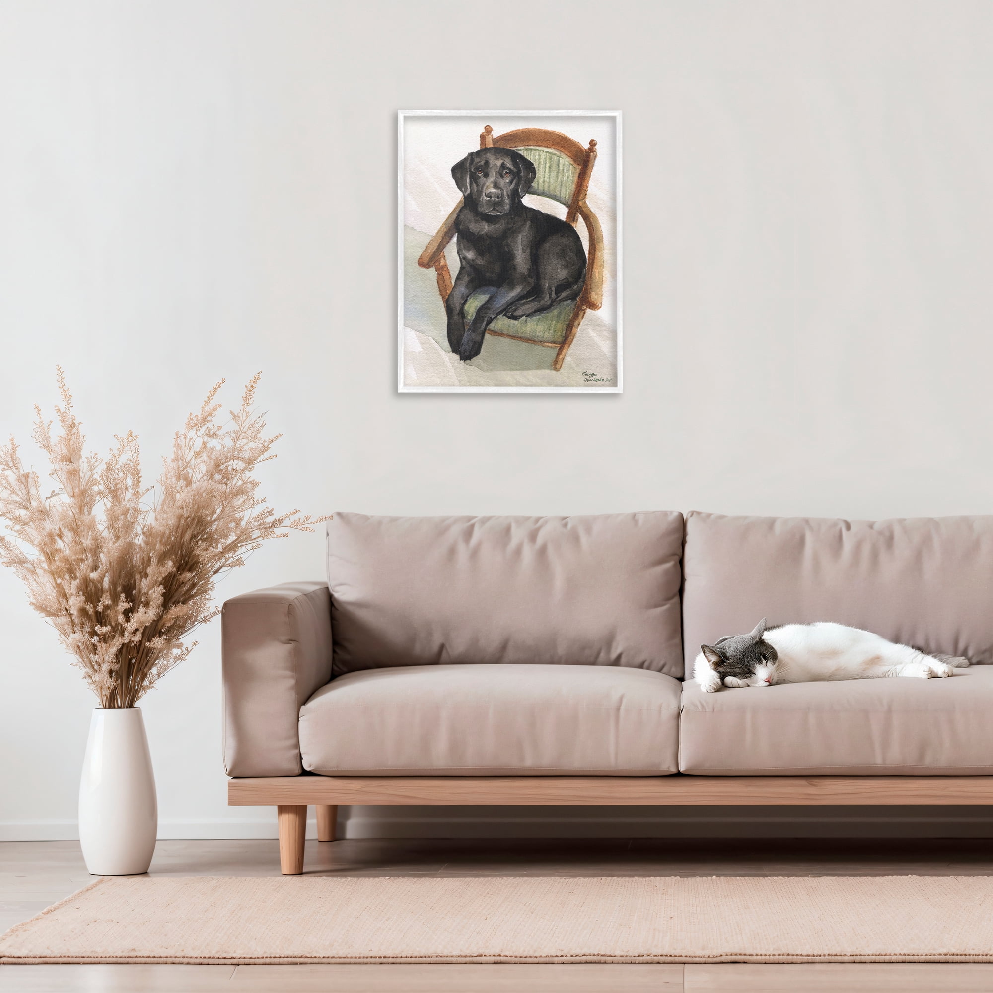 Stupell Industries Black Labrador On Chair White Framed Giclee Art, design by George Dyachenko