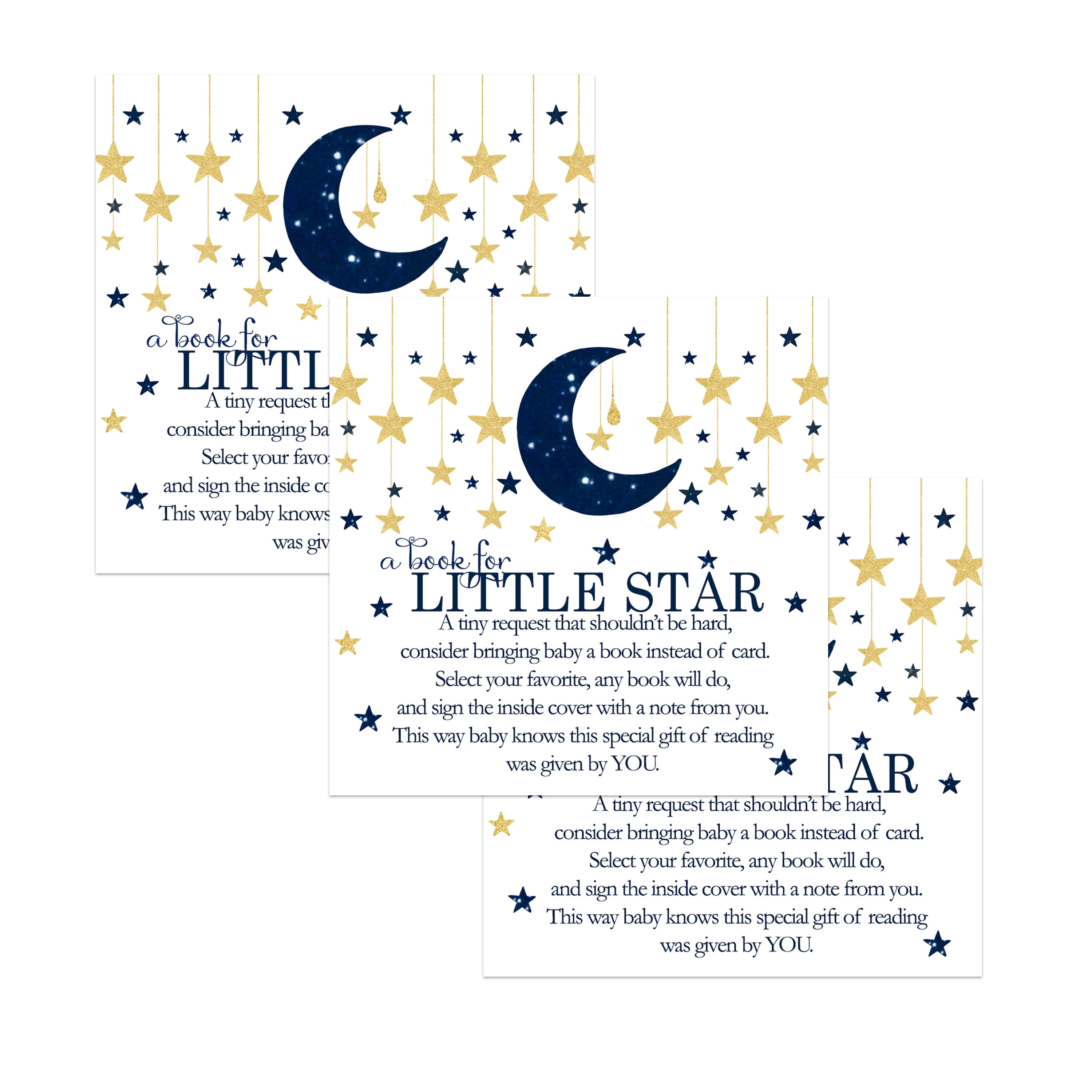 Twinkle Little Star Bring a Book for Baby Shower Pack of 25 Boys Invitation Insert Cards Navy and Gold Reveal Raffle Game Celestial Moon Event Supplies Paper Clever Party