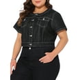 thumbnail image 4 of Agnes Orinda Women's Plus Size Cropped Denim Vest Crew Neck Button Down Short Sleeve Casual Jean Jacket with Pocket Decor 1X Black, 4 of 6