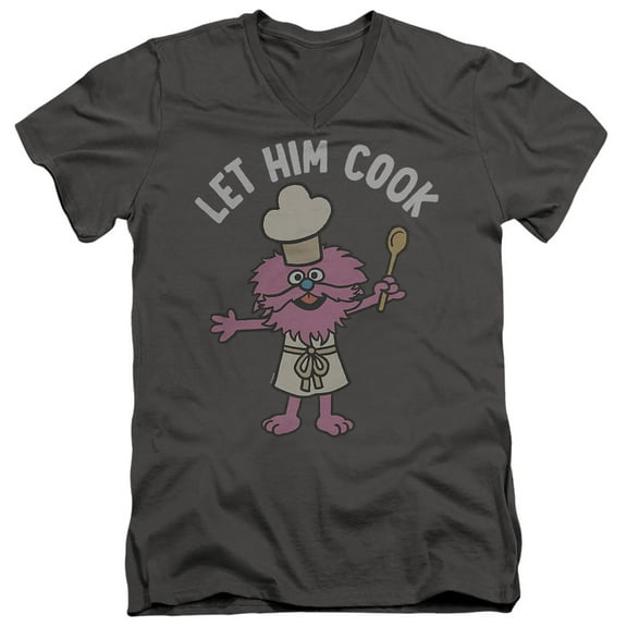 Sesame Street Gonger Let Him Cook Unisex Adult V-Neck T Shirt (X-Large) Charcoal