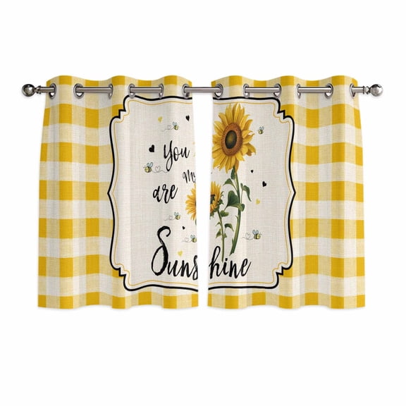 Sunflowers Kitchen Curtains Window Panels, Yellow Floral Watercolor Botanical Checkered Rustic Insulated Window Treatment Curtain, Grommet Curtains for Bedroom/Living Room/Bathroom, 2 Piece 52"Wx45"L