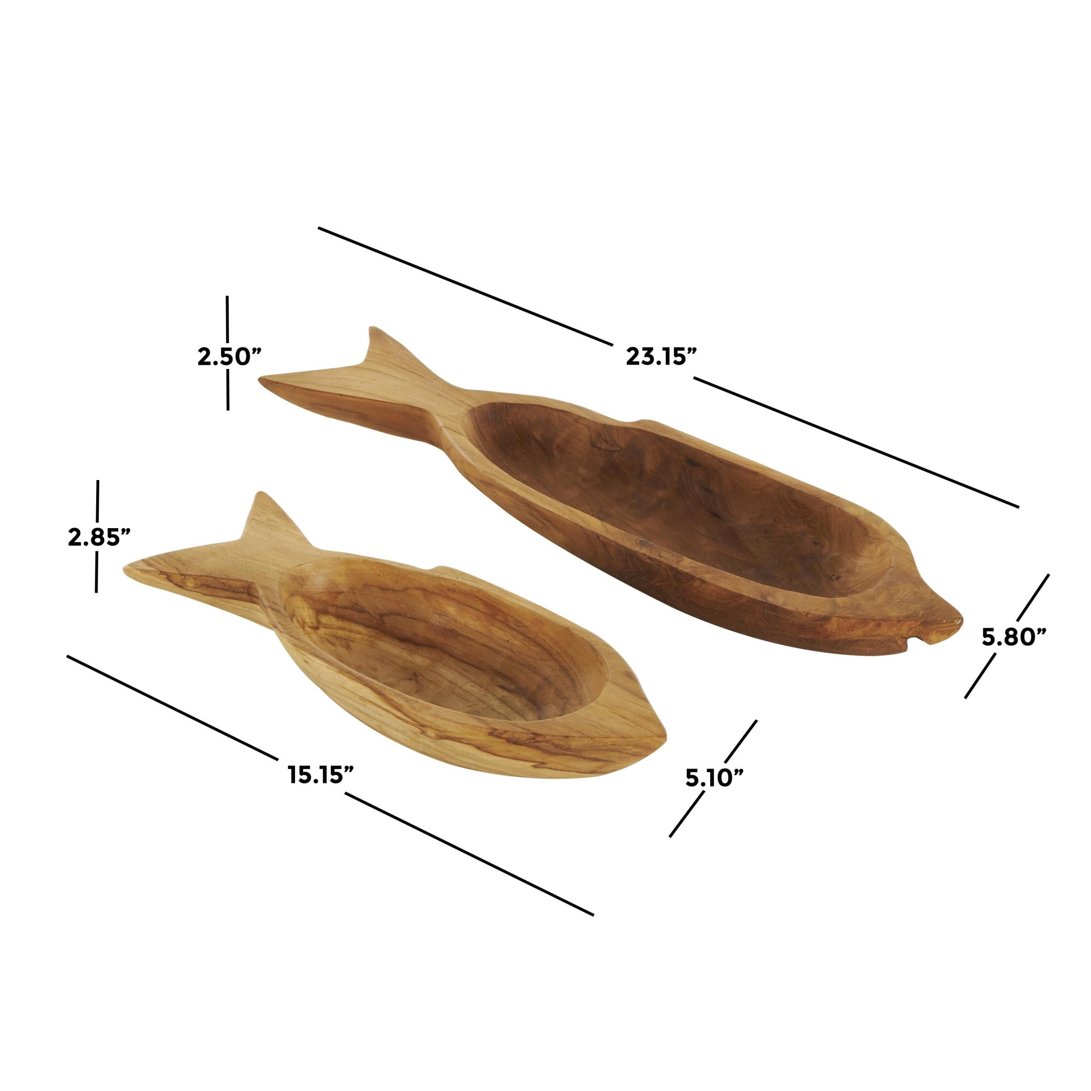 DecMode 23", 5"W Brown Teak Wood Handmade Carved Fish Tray, 2-Pieces