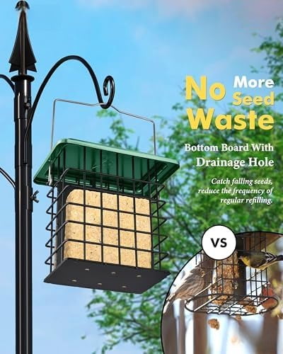 Double Suet Feeder- Metal Roof Bird Feeder with Taller Grid for Woodpeckers, Suet Cake Cage Bird Feeder for Outdoors Hanging,Easy-Clean & Refill,Green (1 Pack)