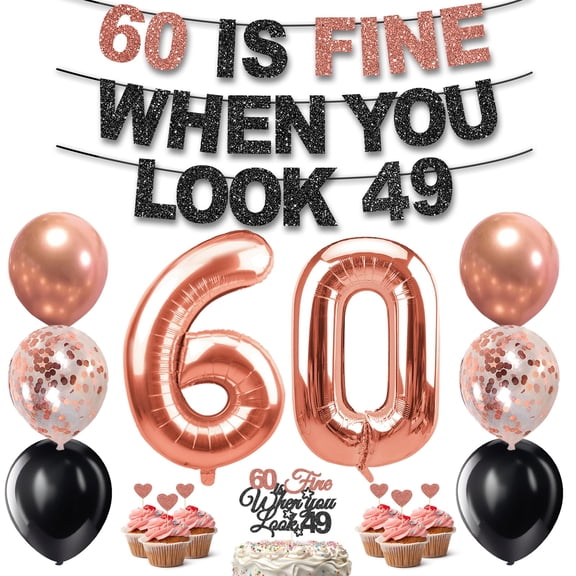 60th Birthday Decorations for Women, 60th Birthday Party Supplies, Funny Pre-Strung Banner, 16Inch 60 Balloons, 12Inch Latex Balloons, Cake Toppers, Cupcake Toppers, 17Pcs Rose Gold Background