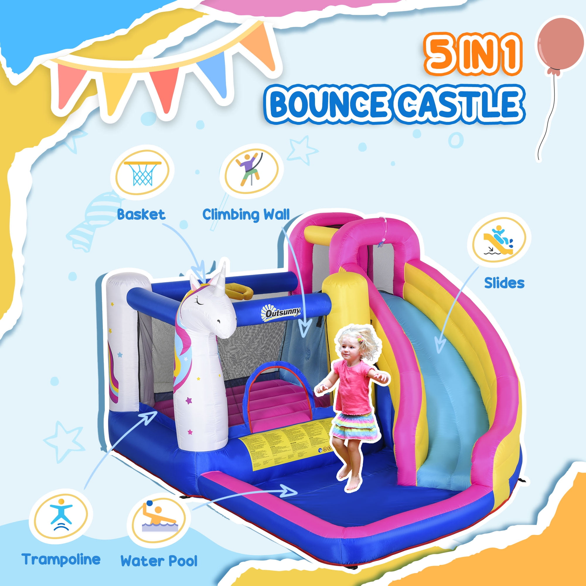 Outsunny 5 in 1 Inflatable Water Slide, Water Park Castle Bounce House Trampoline with Pool, Climbing Wall for Kids Age 3-8 with Air Blower
