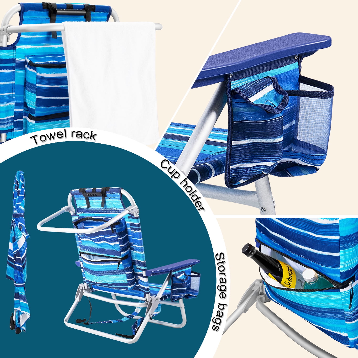 BOSSIN Backpack Beach Chair with Umbrella for Adults, Folding Heavy Duty Camping Chair with Large Pockets, Cup Holder and Towel Rack