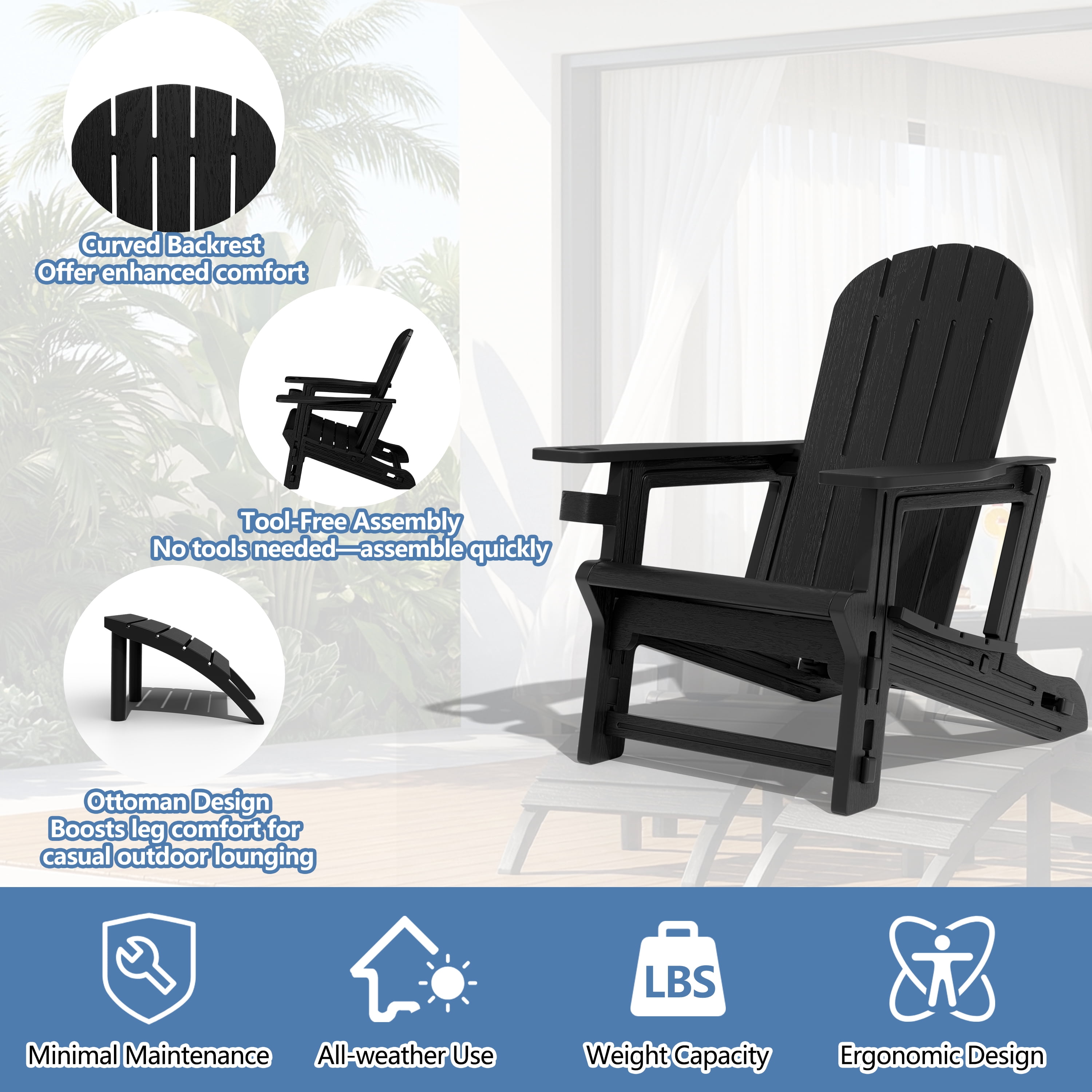 Walsunny Adirondack Chairs Set of 2 HDPE Outdoor Chair Set with Connecting Tray Cup Holder Removable Tabletop Pull-Out Footrest,All-Weather HDPE Outdoor Chair Set,Black
