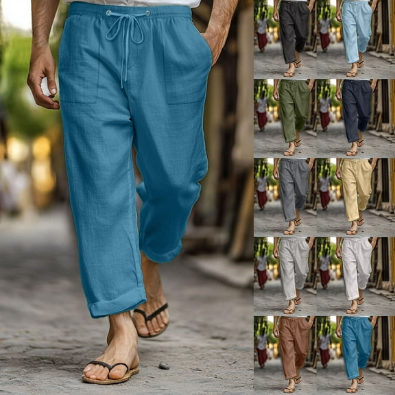 ibuvkizy Linen Pants Men with Pockets Fashion Solid Color Casual Holiday Trousers Elastic Waist Drawstring Long Pants,Sizes S-3XL