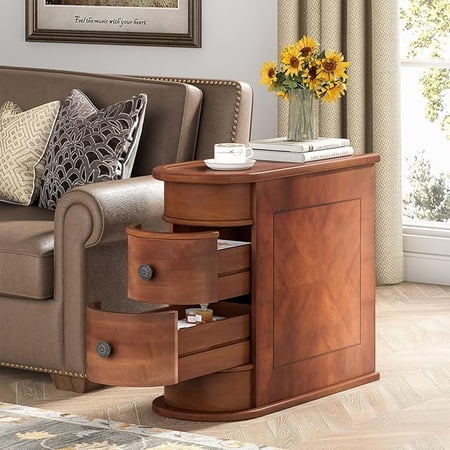 EDX LITTLE TREE Vintage Wood Nightstand with 2 Drawers, Narrow Side Table for Bedroom or Living Room, No Assembly Required