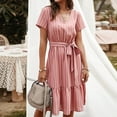 thumbnail image 4 of Xixinqiwan Sundresses for Women 2025 Plus Size,Women's Striped Printed V-Neck Short Sleeve Back Button Tie Waist Ruffle Dress Pink L, 4 of 8