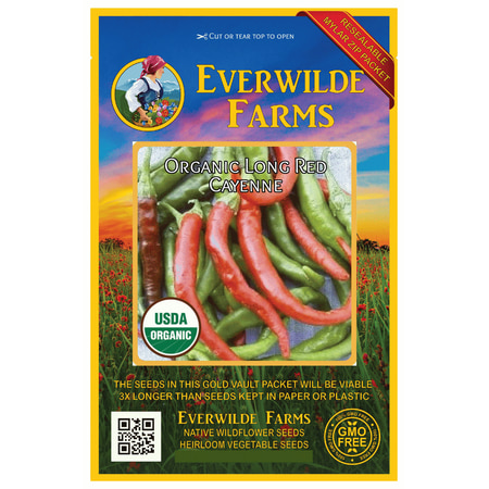 Cayenne Pepper Plants Everwilde Farms - 25 Organic Long Red Cayenne Hot Pepper Seeds - Gold Vault Jumbo Bulk Seed Packet ()