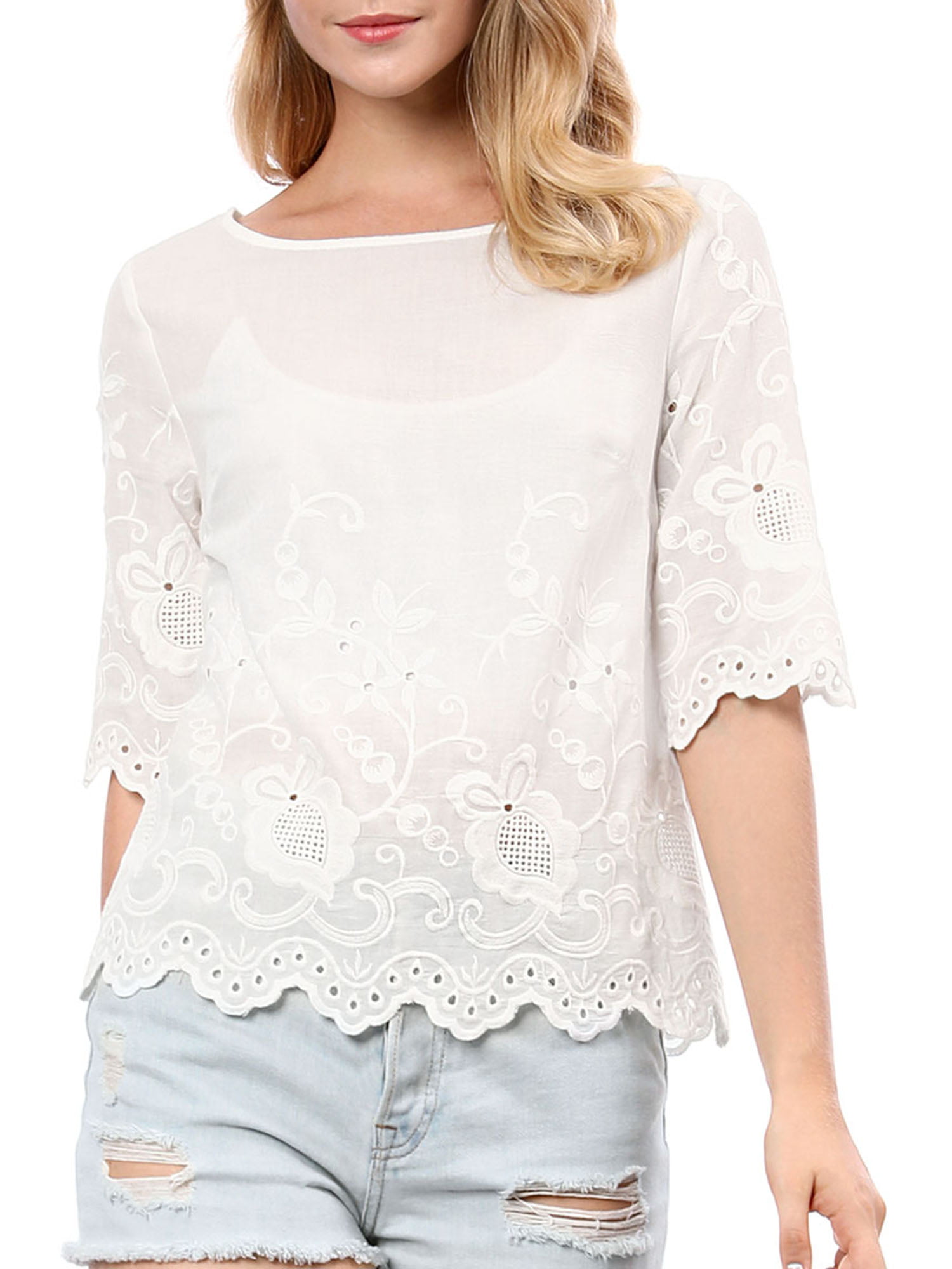 Unique Bargains - Women's Round Neck Elbow Sleeves Embroidery Blouse ...