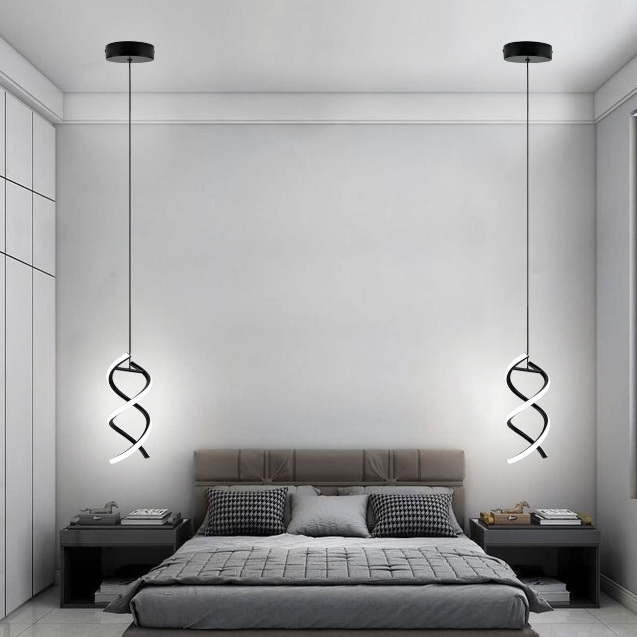 ADISUN Led Pendant Light Spiral Ceiling Lights Fixture Modern Hanging Lamp Adjustable Island Light Cool White Light for Living Room Bedroom Kitchen, Black