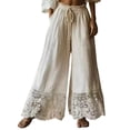 thumbnail image 2 of Womens Cotton Linen Lace Trim Pants Summer Boho Elastic Waist Wide Leg Palazzo Pants Flowy Pull on Vacation Beach Pants White L, 2 of 4