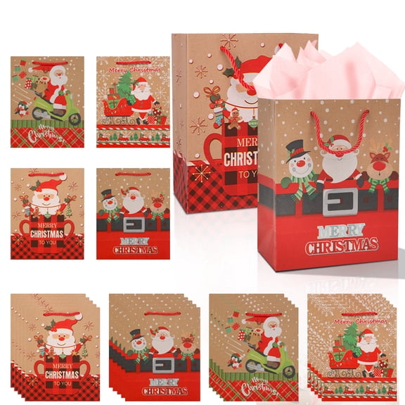 20pcs Christmas Kraft Paper Gift Bag Set, classic Christmas print element gift and snack bags with handles, suitable for festival and New Year party packaging and decoration.