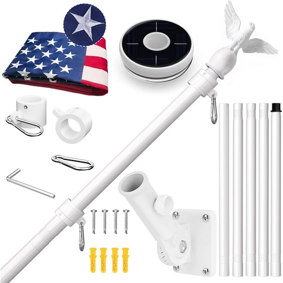 QUTETN American Flag with Pole & Flag Pole Light 6FT White Flagpoles for Outside House with 180° Adjustable Bracket 1” Thickened Stainless Steel Wall Mount Flagpole for Residential Por