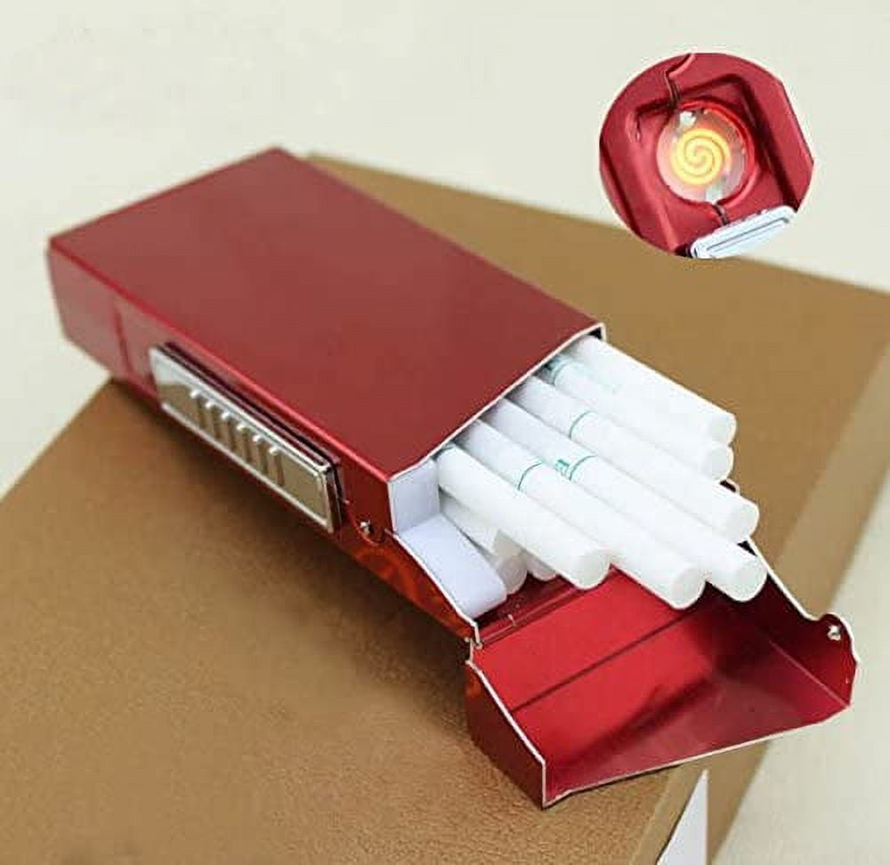 USB Rechargeable Windproof Metal Electric Built-in Flame Less Lighter Cigarette Cigar Storage Case- RED COLOR for 100s- GD-1389