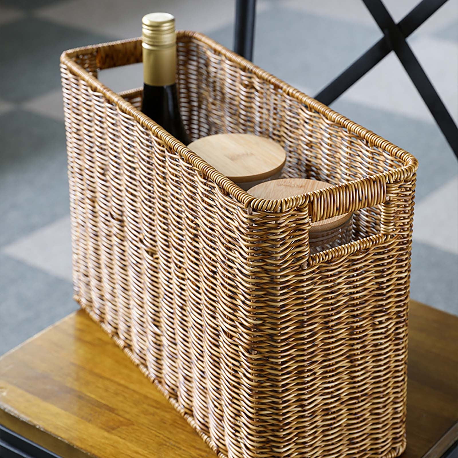 Brown Woven Leather Magazine Holder | Storage Basket with Handles for Office Living Room or Bathroom | Vertical Magazine File Organizer