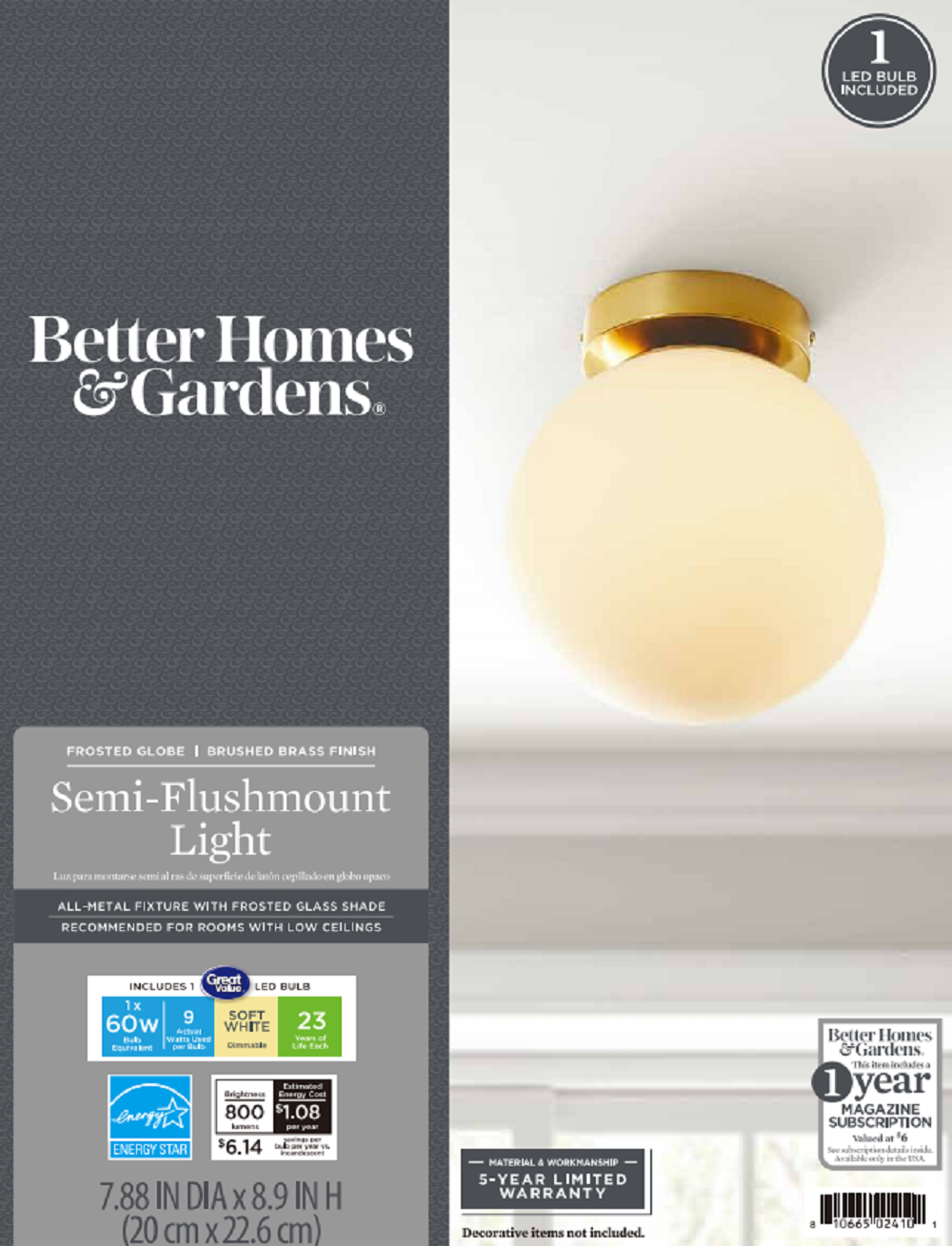 Better Homes & Gardens 8" Classic Brass Ceiling Light, E26 Socketed Base, LED Light Bulb Included