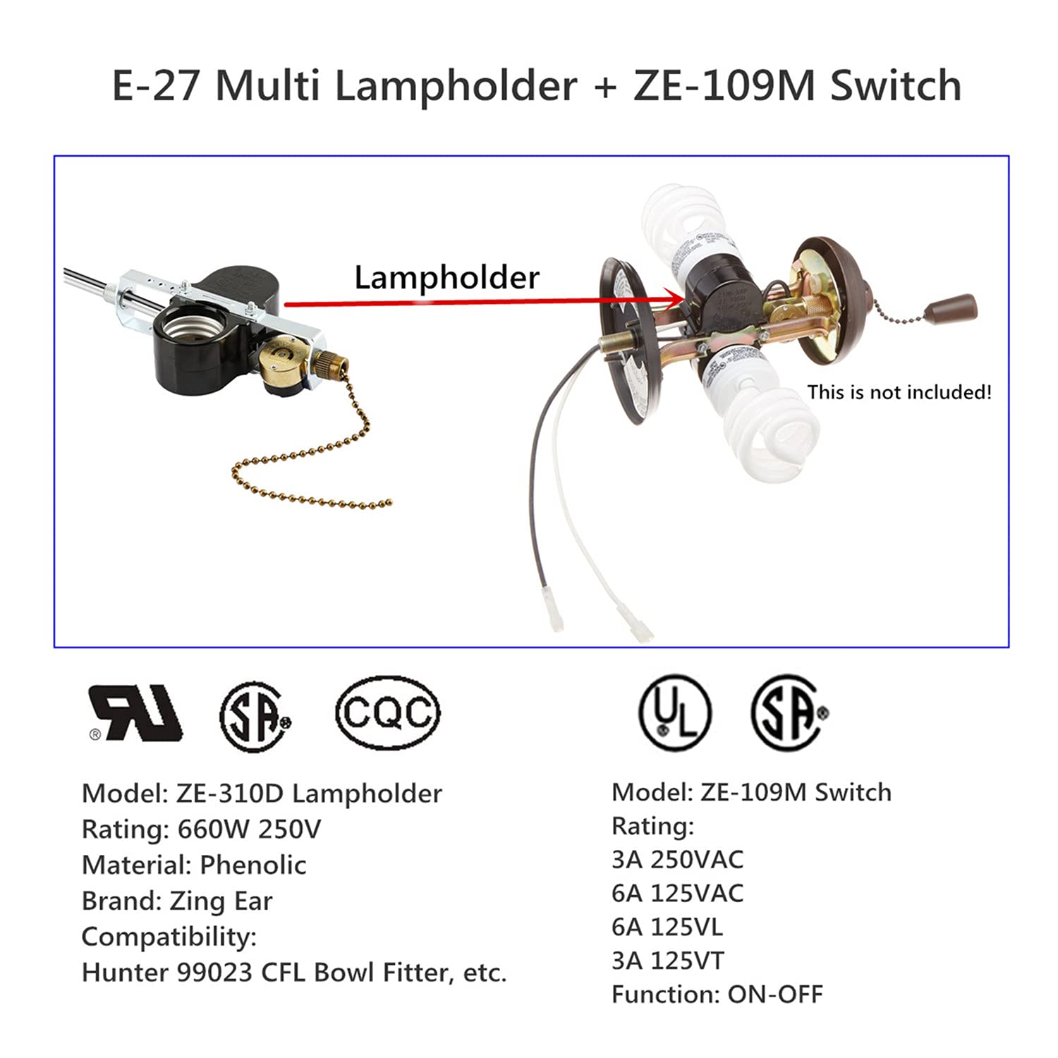 Ceiling Fan 2-Light Socket Switch - Compatible With Zing Ear ZE-310D/ZE-109M, Pull Chain Switch, E26/E27 Base, UL Listed