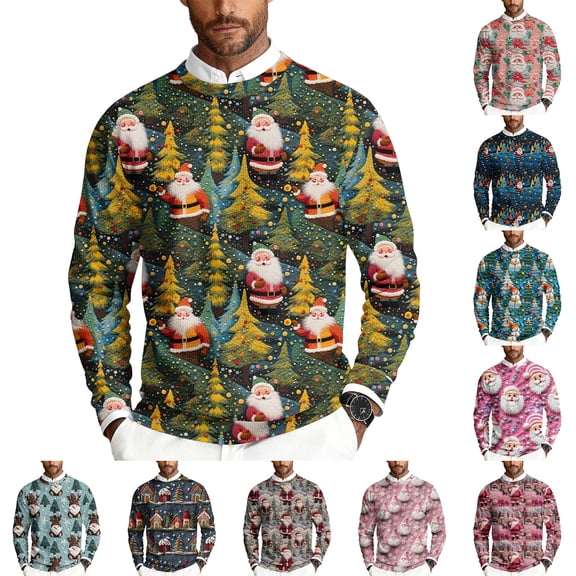 Wutalume Men's Christmas Print Crewneck Sweater, Long Sleeve Ribbed Knit Pullover, Relaxed Fit Casual Business Knitwear for Holiday Parties and Daily Wear,Beige L