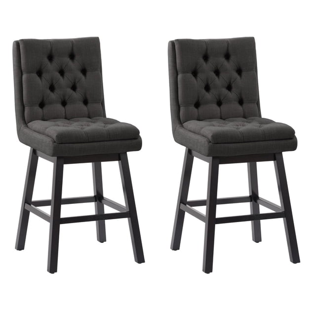 Set of two CorLiving Leilani modern tufted indoor counter height bar stools with dark gray fabric upholstery and black wood legs.