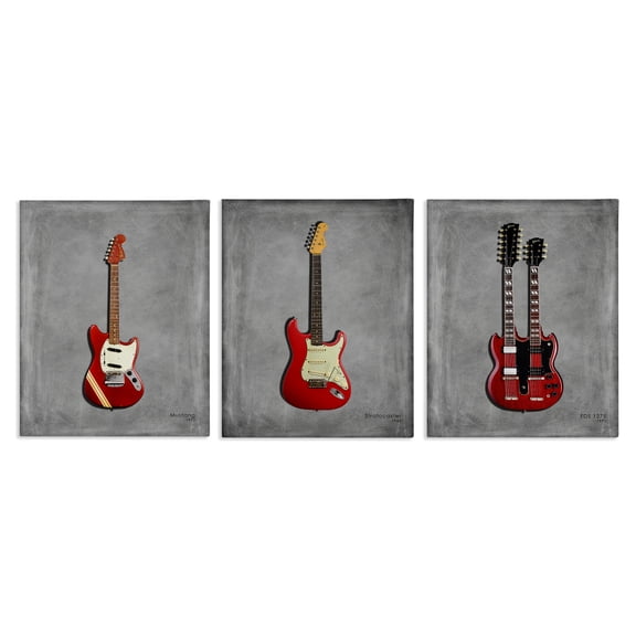 Stupell Industries Red Guitars Collection Music Painting Wrapped Canvas Canvas Art Print Wall Art, 11 x 14, Set of 3